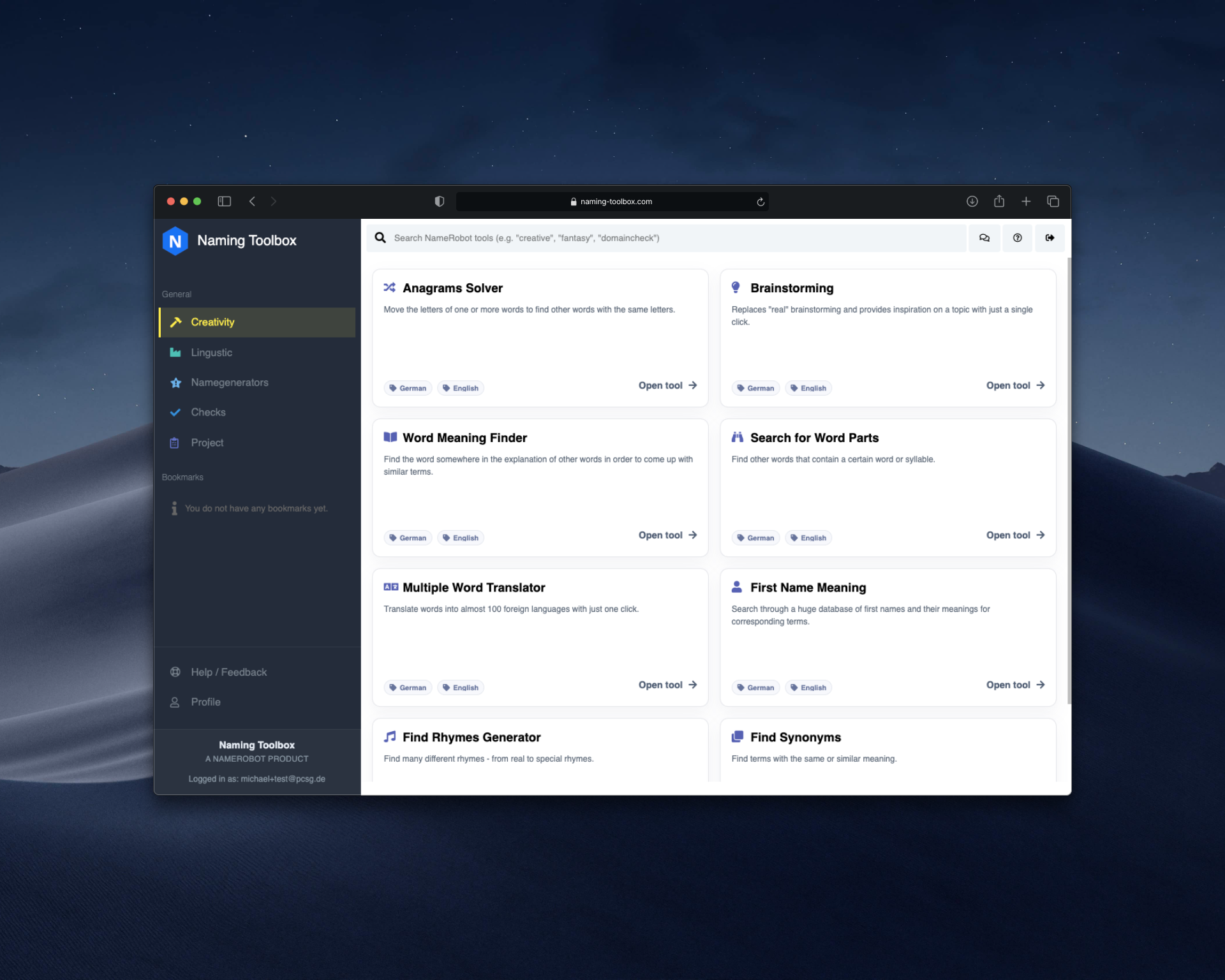 Screenshot of the Naming Toolbox with the Creativity category open, a search bar at the top, and tool cards such as Anagrams, Brainstorming, Patchwords, Rhymes, and Synonyms