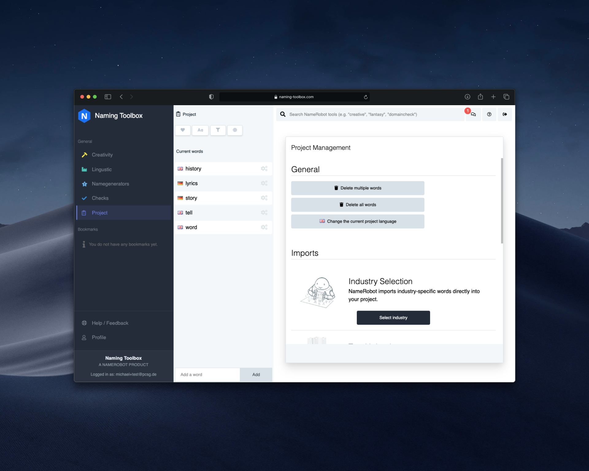 Screenshot of the Naming Toolbox in the Word Depot section with a word list on the left and management options for deleting, changing language, and importing terms