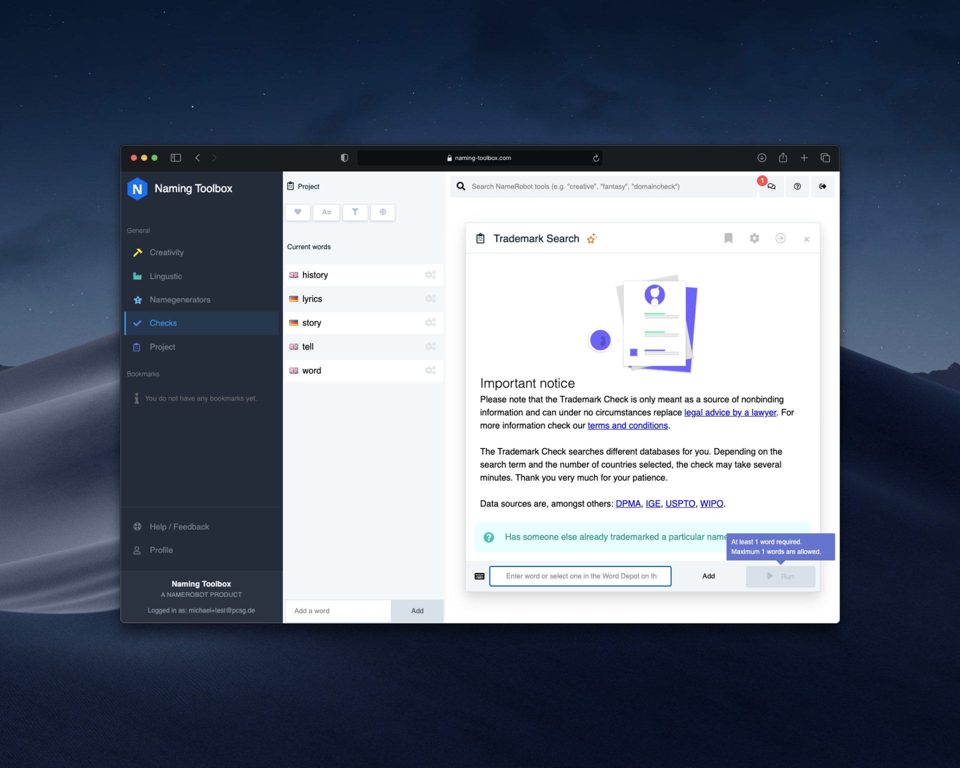 Screenshot of the Naming Toolbox with the Trademark Search open, showing trademark check guidance and references to data sources such as DPMA, IGE, USPTO, and WIPO