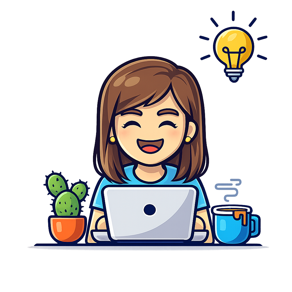 llustration of a smiling woman at a laptop with a light bulb, cactus, and mug used for a customer testimonial