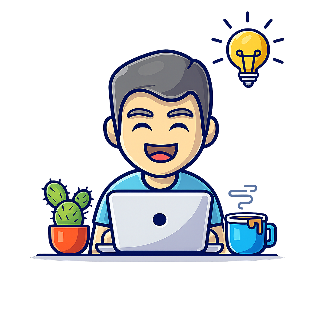 Illustration of a smiling man at a laptop used for a customer testimonial