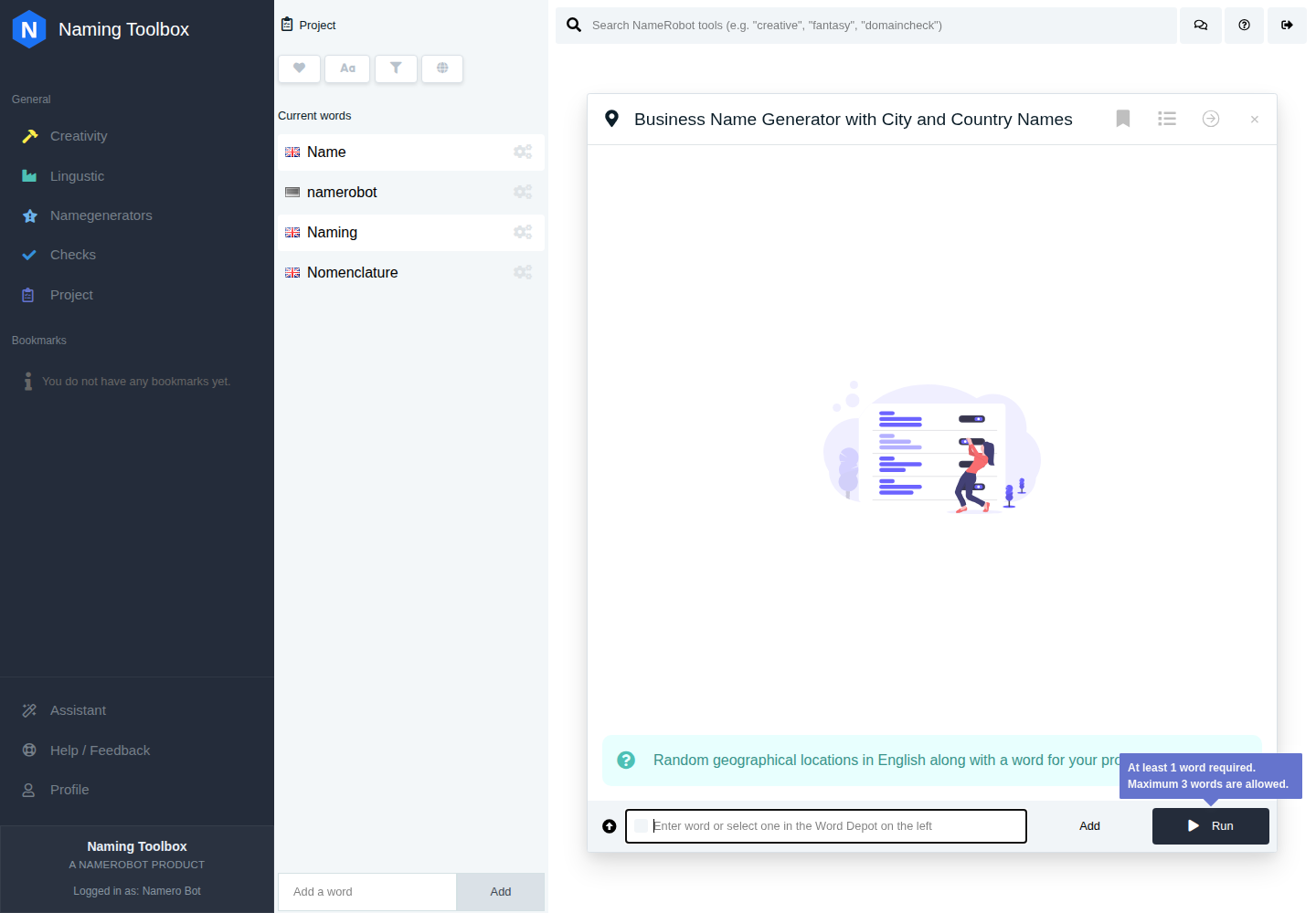 Business Name Generator with City and Country Names in Naming Toolbox