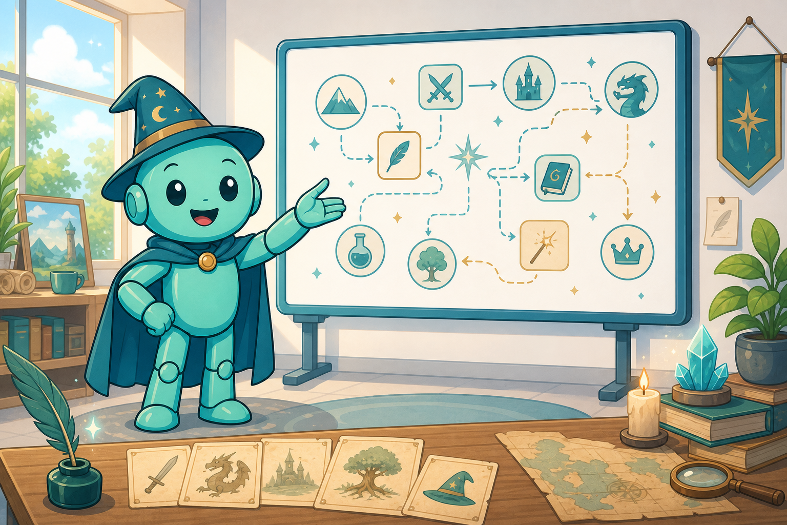 Namero robot with a wizard hat explaining a fiction and fantasy naming workflow